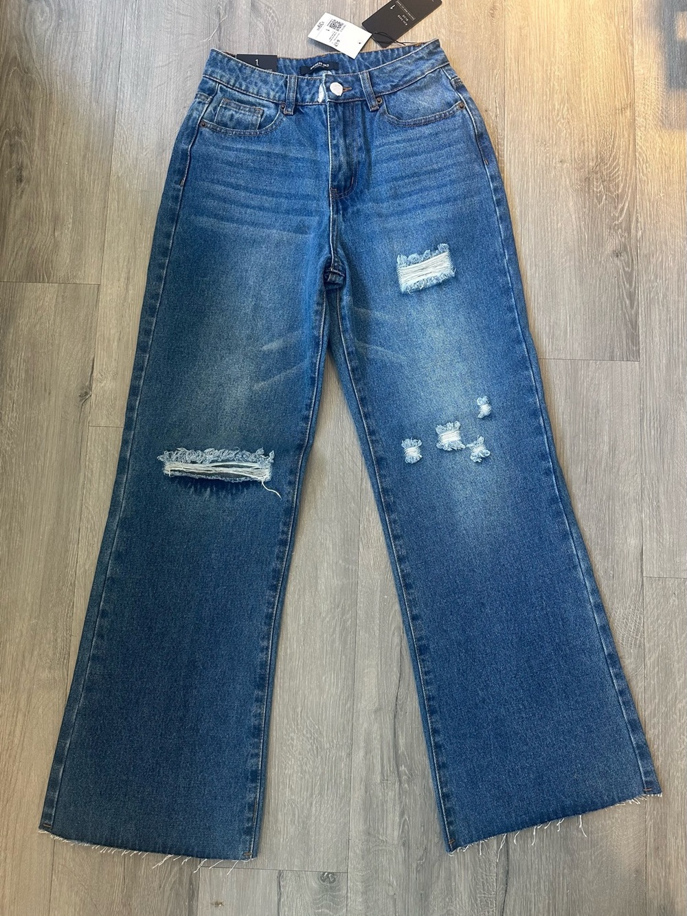Forever 21 Distressed Dark Blue Wide-Leg Jeans